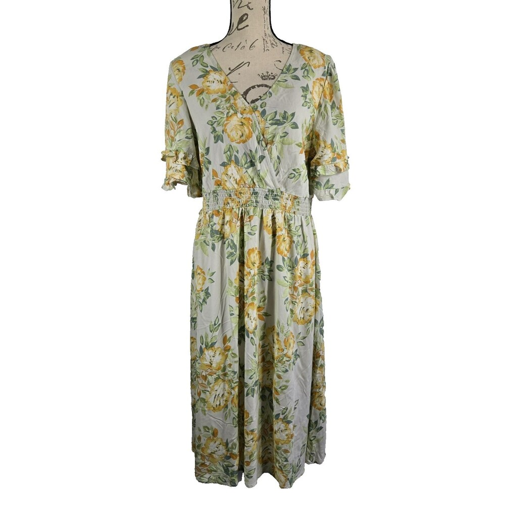 Luxology Women's Size Large Floral Print Ruffle Accent Midi Dress NWT
